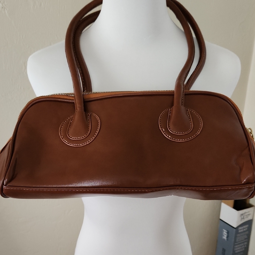 Brown Leather Shoulder Bag with Rolled Handles